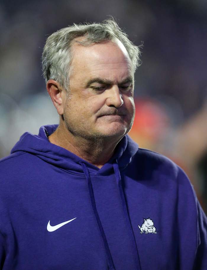 Oct 21, 2023; Manhattan, Kansas, USA; TCU Horned Frogs head coach Sonny Dykes walks off the field following a loss to the Kansas State Wildcats at Bill Snyder Family Football Stadium. 
